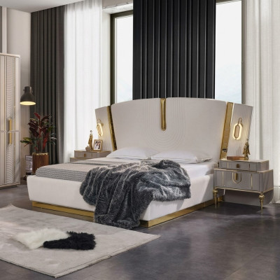 Dormitorio conjunto de cama doble mesitas de noche blanco de lujo de 3 piezas.