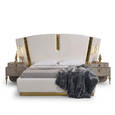 Dormitorio conjunto de cama doble mesitas de noche blanco de lujo de 3 piezas.
