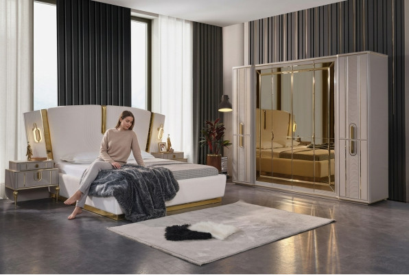 Juego de cama doble dormitorio cama mesitas de noche 4 piezas beige armario