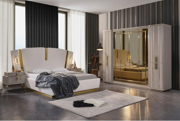 Juego de cama doble dormitorio cama mesitas de noche 4 piezas beige armario