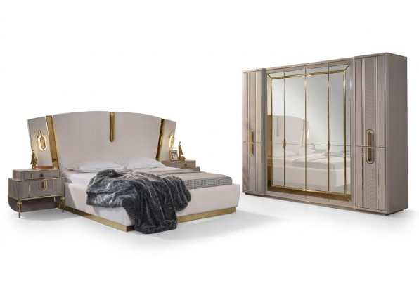 Juego de cama doble dormitorio cama mesitas de noche 4 piezas beige armario