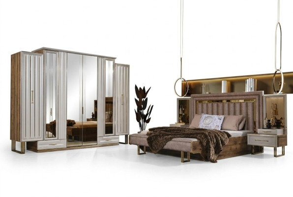 Muebles de dormitorio completos Cama doble Cama Mesitas de noche Beige 4 piezas