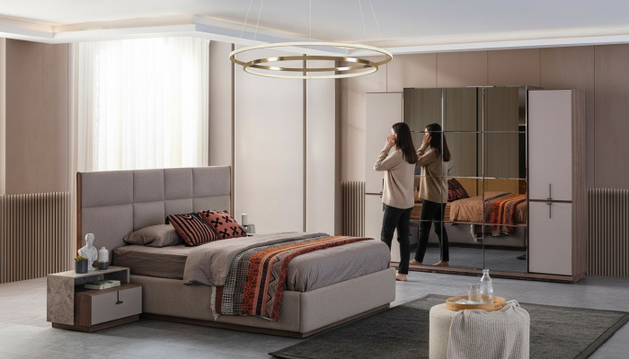 Dormitorio completo Cama doble Mesillas de noche Gris 4 piezas Armario