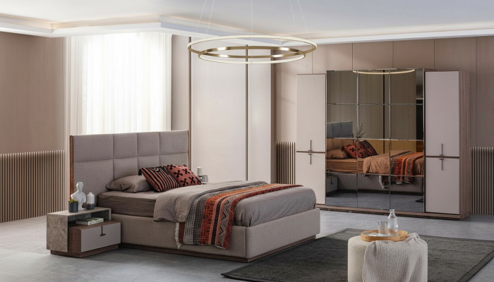 Dormitorio completo Cama doble Mesillas de noche Gris 4 piezas Armario
