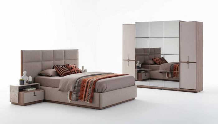 Dormitorio completo Cama doble Mesillas de noche Gris 4 piezas Armario