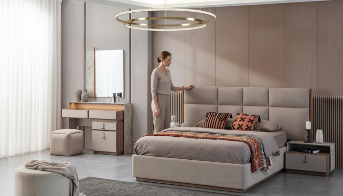 Muebles de lujo para dormitorio cama doble mesitas de noche gris armario de 6 piezas cama