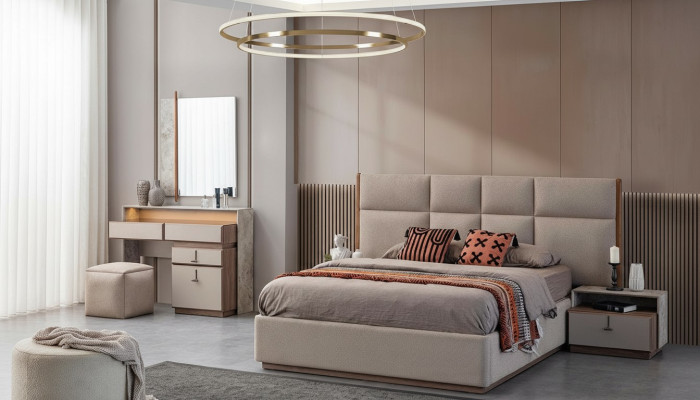 Muebles de lujo para dormitorio cama doble mesitas de noche gris armario de 6 piezas cama