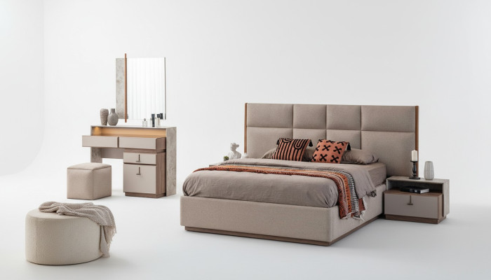 Muebles de lujo para dormitorio cama doble mesitas de noche gris armario de 6 piezas cama