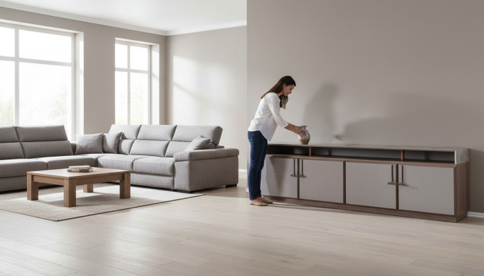 Mueble de televisión RTV de estilo bajo en color gris para sala de estar, de madera con mesa y armario.