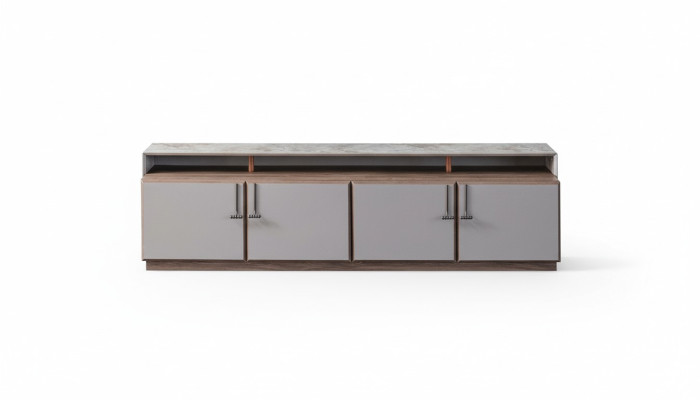 Mueble de televisión RTV de estilo bajo en color gris para sala de estar, de madera con mesa y armario.