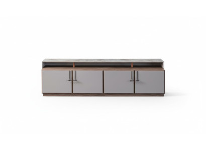 Mueble de televisión RTV de estilo bajo en color gris para sala de estar, de madera con mesa y armario.