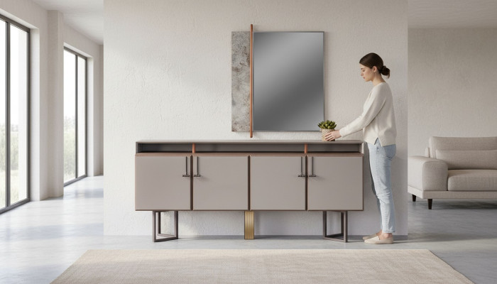 Conjunto de aparador con espejo armario de madera gris.