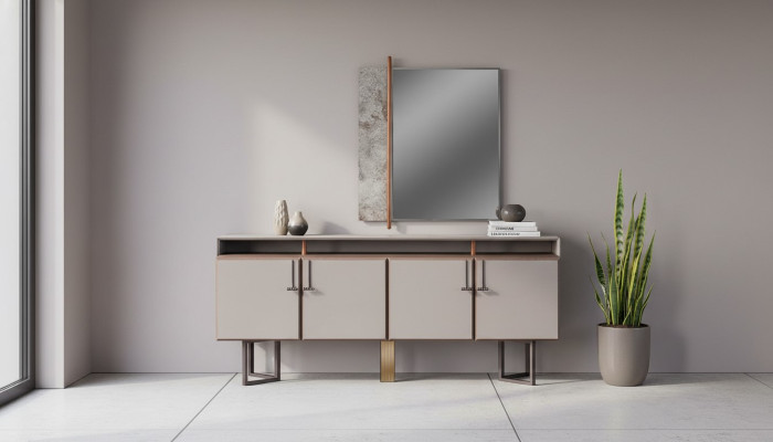 Conjunto de aparador con espejo armario de madera gris.