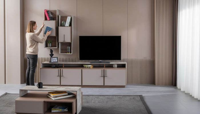 Soporte de TV Armarios de pared Aparador Bajo RTV Gris Sala de estar Madera