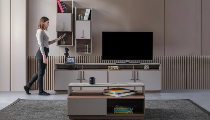 Grupo de sala de estar con soporte para TV, armarios de pared, mesa baja en gris, juego de 3 piezas.