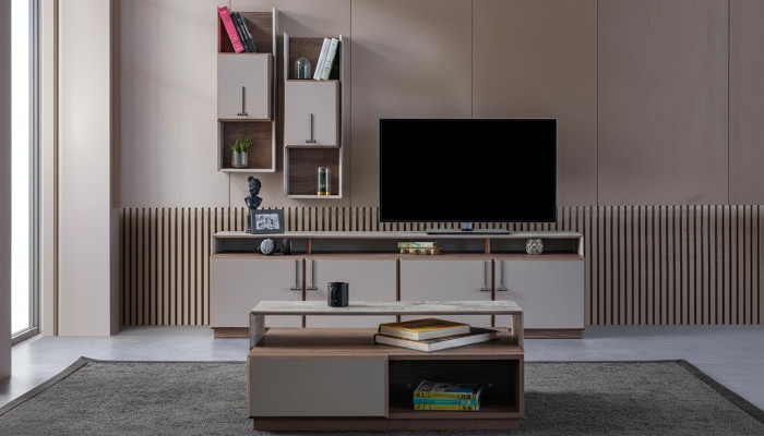 Grupo de sala de estar con soporte para TV, armarios de pared, mesa baja en gris, juego de 3 piezas.
