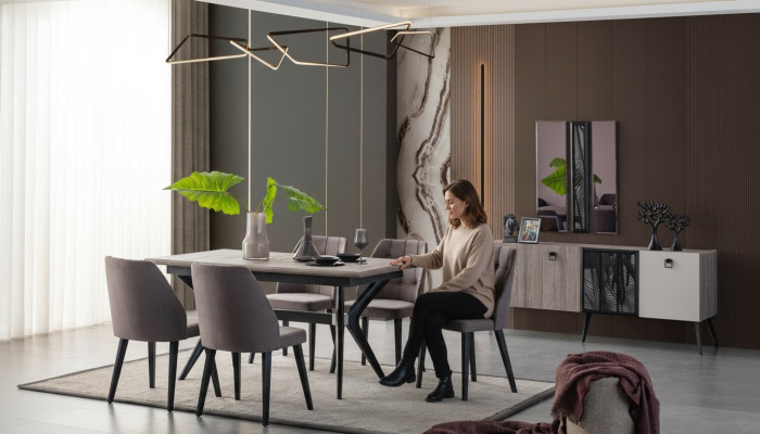 Grupo de comedor Rincón de comedor Mesa de comedor Sillas Madera Gris Sala de estar 9 piezas Cómoda