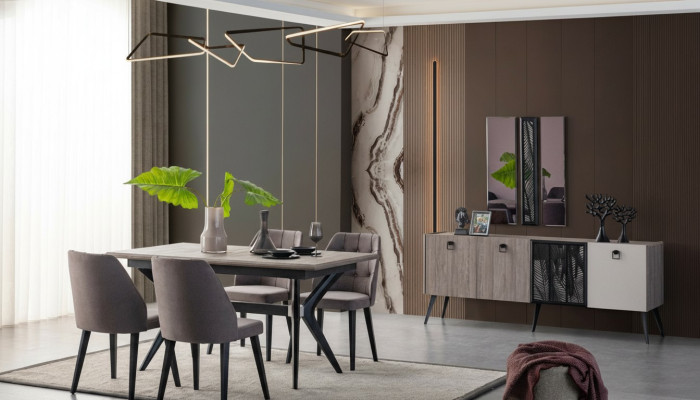 Grupo de comedor Rincón de comedor Mesa de comedor Sillas Madera Gris Sala de estar 9 piezas Cómoda