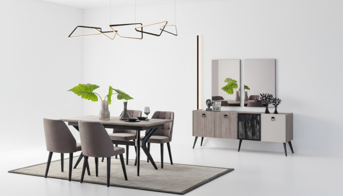 Grupo de comedor Rincón de comedor Mesa de comedor Sillas Madera Gris Sala de estar 9 piezas Cómoda