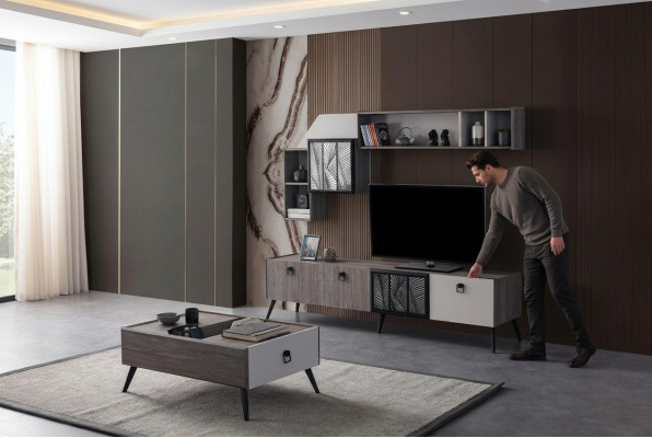 Grupo de sala de estar, soporte de TV, armarios de pared, mueble bajo en gris, mesa de centro de 3 piezas.