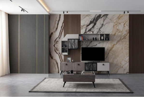 Grupo de sala de estar, soporte de TV, armarios de pared, mueble bajo en gris, mesa de centro de 3 piezas.