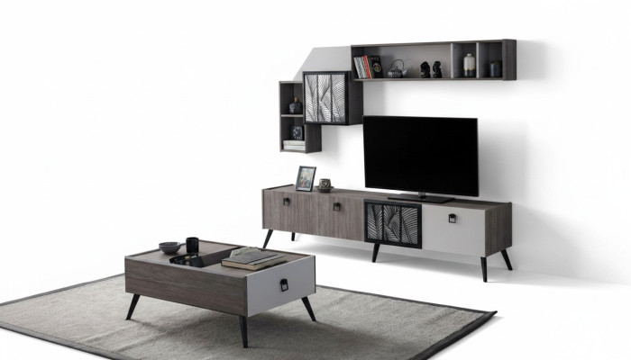 Grupo de sala de estar, soporte de TV, armarios de pared, mueble bajo en gris, mesa de centro de 3 piezas.