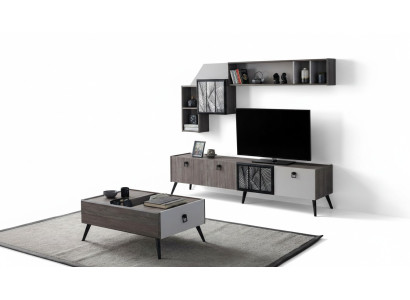 Grupo de sala de estar, soporte de TV, armarios de pared, mueble bajo en gris, mesa de centro de 3 piezas.
