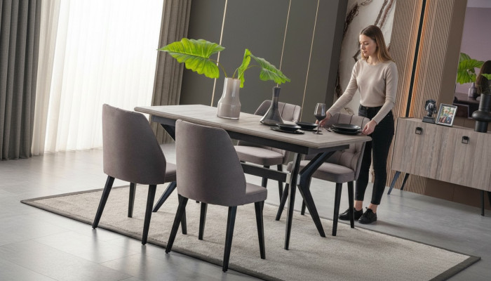 Zona de comedor Conjunto de comedor Grupo de comedor Mesa de comedor Sillas Madera Gris 7 piezas