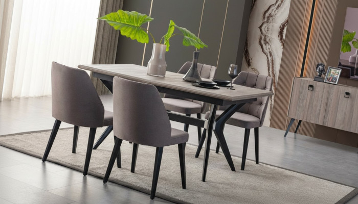 Zona de comedor Conjunto de comedor Grupo de comedor Mesa de comedor Sillas Madera Gris 7 piezas