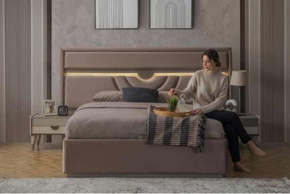 Cama doble Dormitorio Mesitas de noche Beige Conjunto de 3 piezas Caja de cama