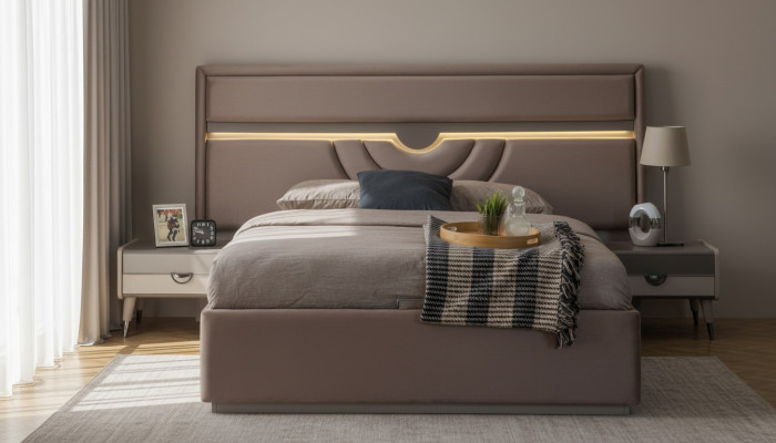 Cama doble Dormitorio Mesitas de noche Beige Conjunto de 3 piezas Caja de cama