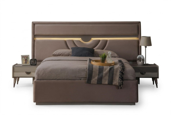 Cama doble Dormitorio Mesitas de noche Beige Conjunto de 3 piezas Caja de cama