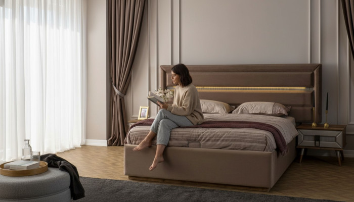 Juego de cama marrón Exclusiva cama doble 2 mesitas de noche de madera de 3 piezas