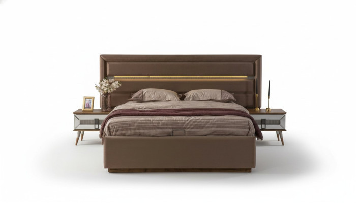 Juego de cama marrón Exclusiva cama doble 2 mesitas de noche de madera de 3 piezas