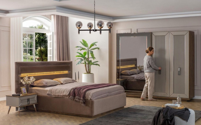 Conjunto de dormitorio beige - Cama doble moderna, armario de cristal de 4 piezas.