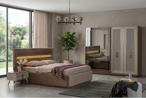 Conjunto de dormitorio beige - Cama doble moderna, armario de cristal de 4 piezas.