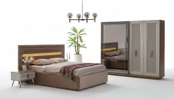 Conjunto de dormitorio beige - Cama doble moderna, armario de cristal de 4 piezas.