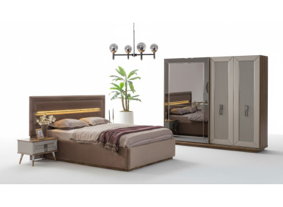 Conjunto de dormitorio beige - Cama doble moderna, armario de cristal de 4 piezas.