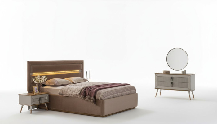 Dormitorio beige con muebles de lujo, cama doble de diseñador, 2 mesillas de noche, conjunto de 5 piezas.
