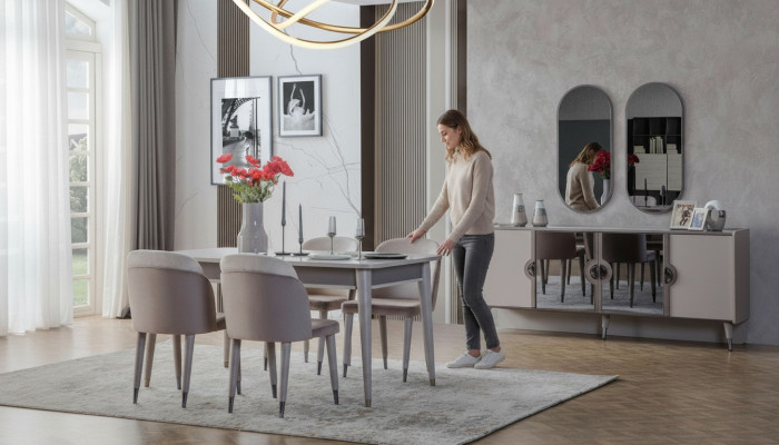 Conjunto de comedor gris, sillas de comedor, mesa extensible, aparador