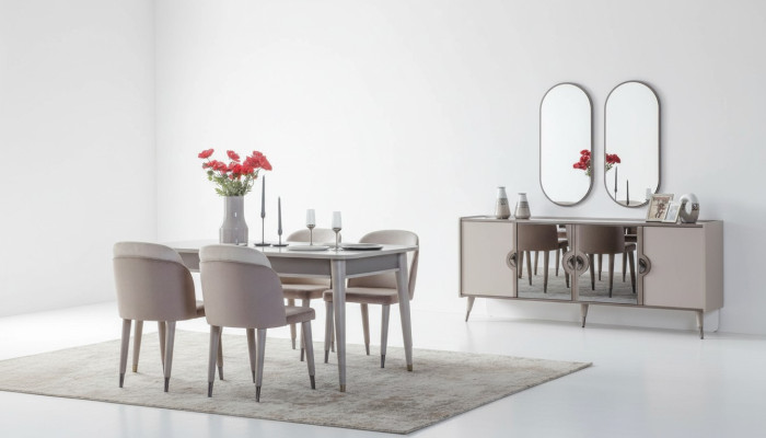 Conjunto de comedor gris, sillas de comedor, mesa extensible, aparador