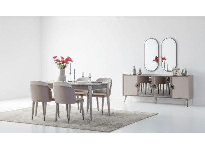 Conjunto de comedor gris, sillas de comedor, mesa extensible, aparador