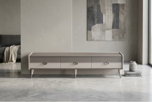 Mueble de televisión RTV, un aparador gris, diseño de sala de estar, muebles lowboard nuevos.