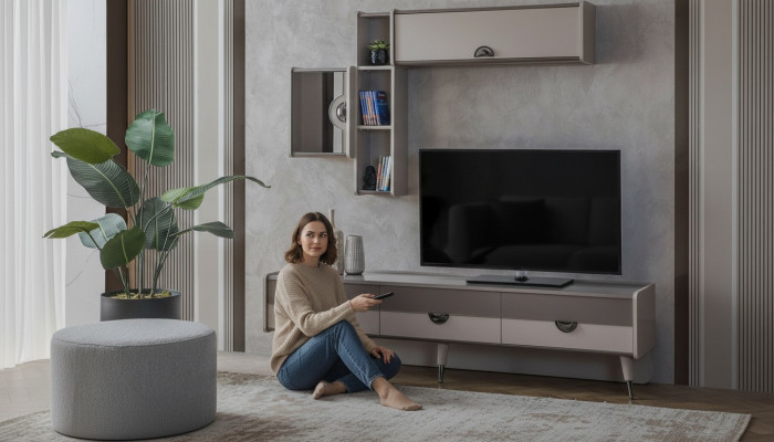 Mueble para la sala de estar en beige, resistente soporte de televisión, mueble bajo, estantes de lujo.