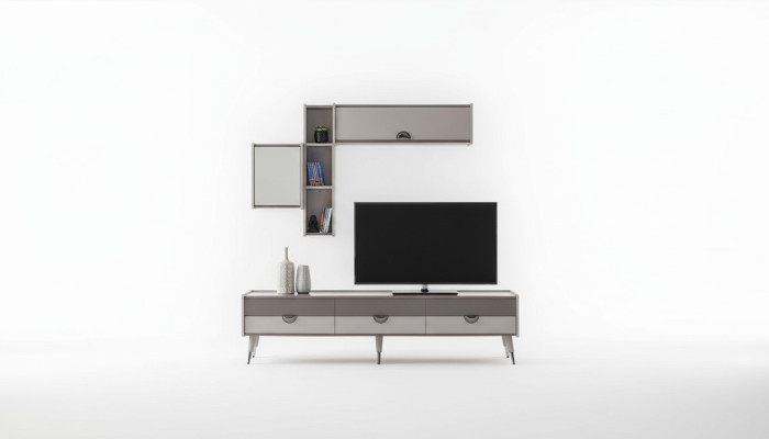 Mueble para la sala de estar en beige, resistente soporte de televisión, mueble bajo, estantes de lujo.
