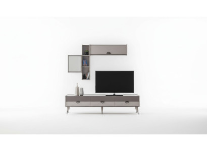Mueble para la sala de estar en beige, resistente soporte de televisión, mueble bajo, estantes de lujo.
