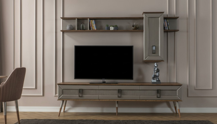 Muebles modernos para la sala de estar en marrón: Aparador resistente y estantería de diseñador de 2 piezas.