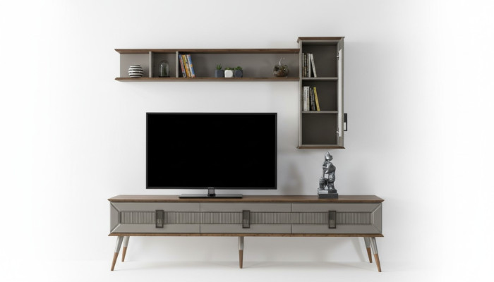 Muebles modernos para la sala de estar en marrón: Aparador resistente y estantería de diseñador de 2 piezas.