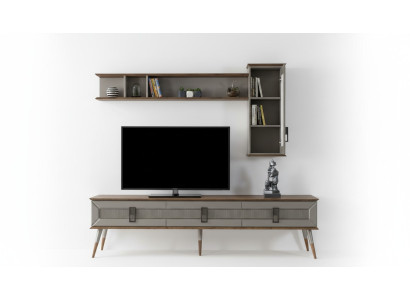 Muebles modernos para la sala de estar en marrón: Aparador resistente y estantería de diseñador de 2 piezas.