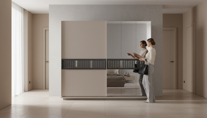 Armario moderno para dormitorio en beige con espejo y muebles de madera.